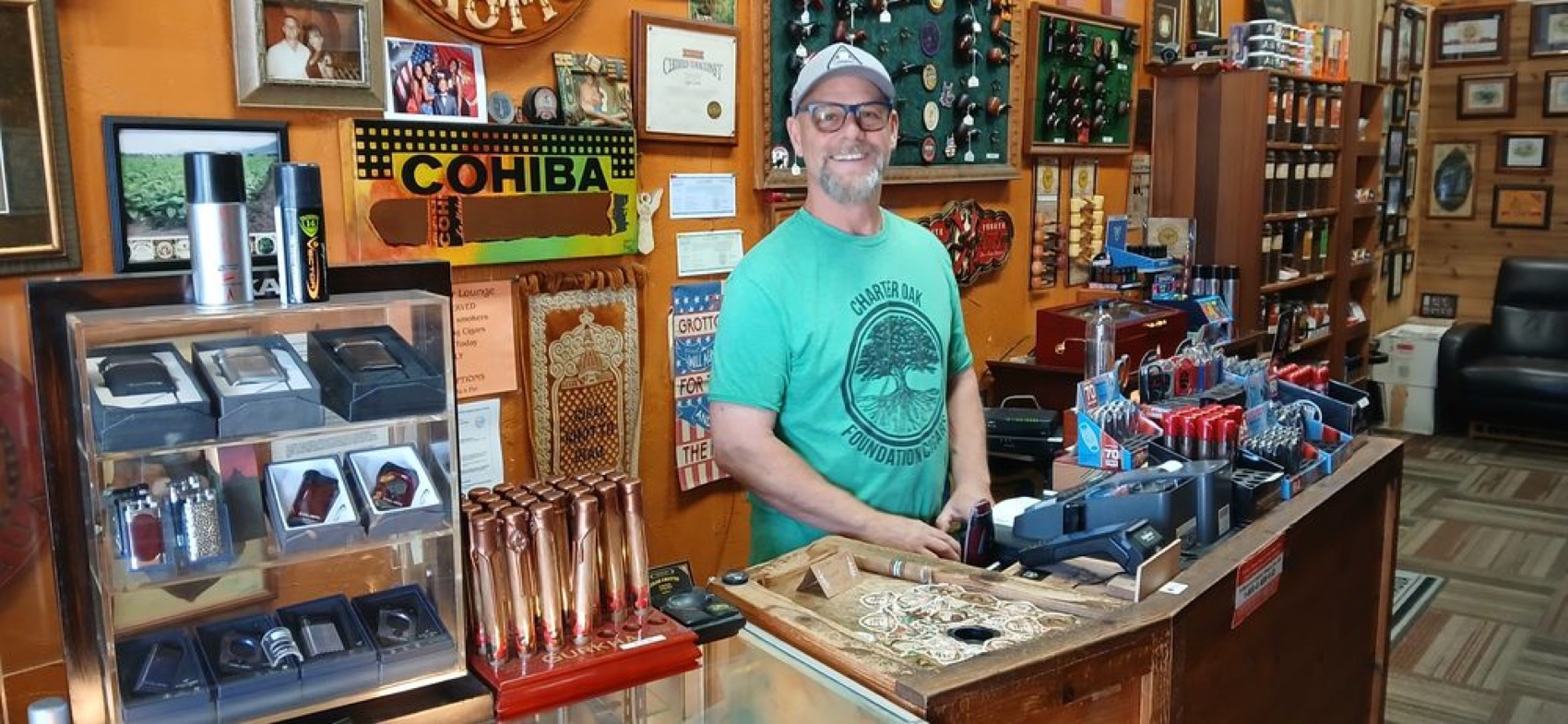 Gregg Engels, owner of Cigar Grotto, inside the shop