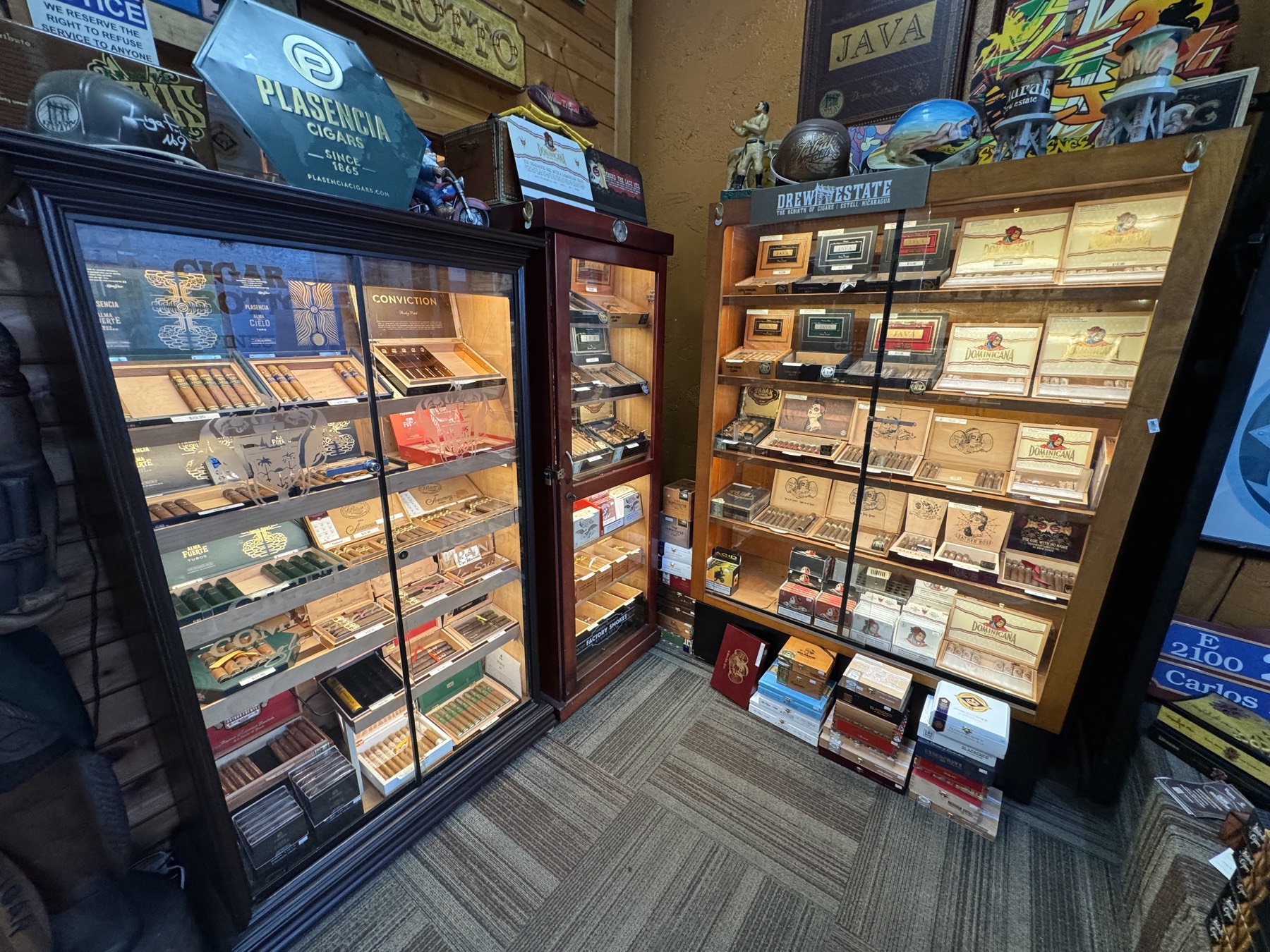 Walk-in humidor and cigar display cases at Cigar Grotto