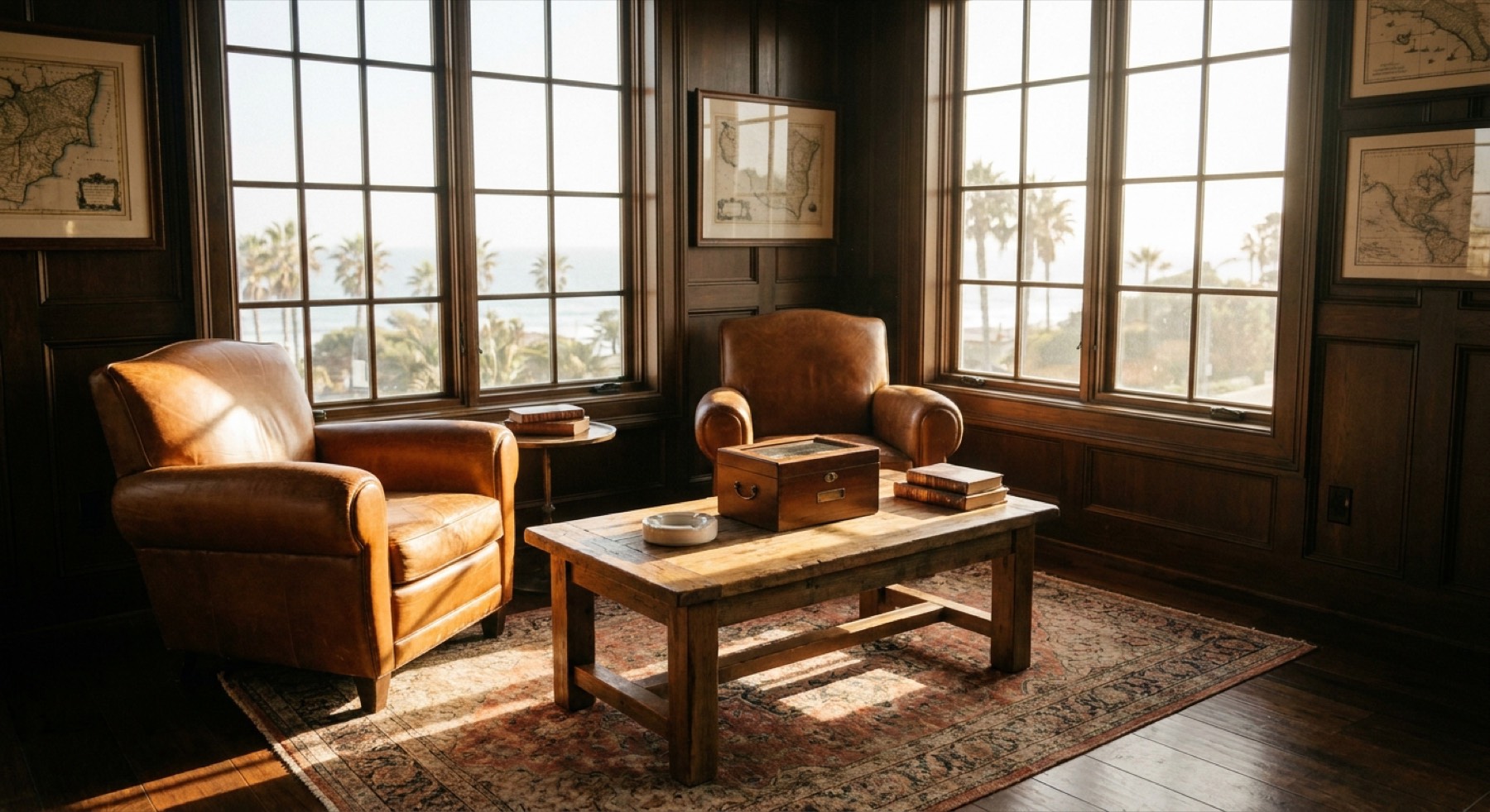 Leather club chairs in the Cigar Grotto lounge