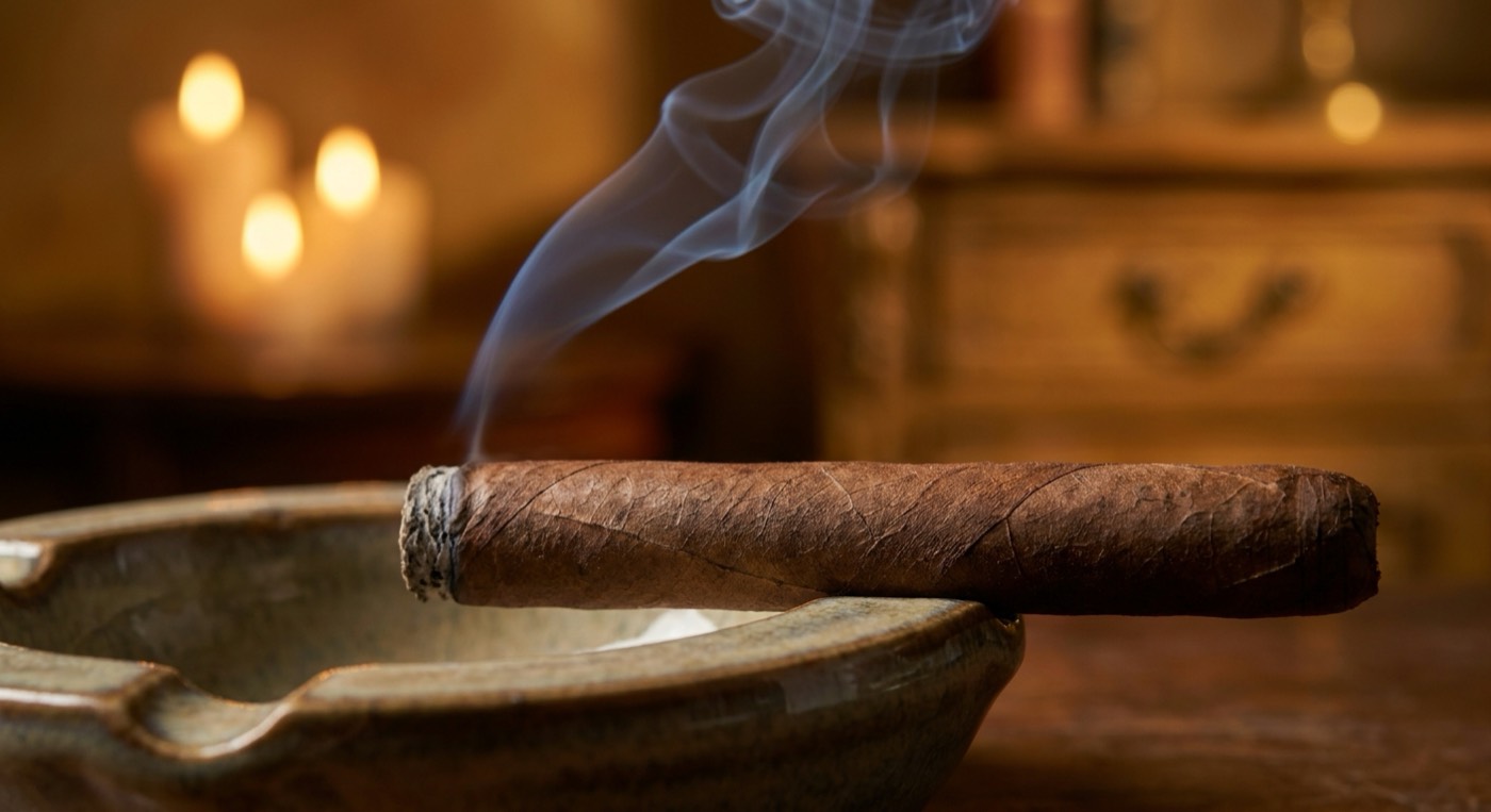 Close-up of a premium cigar resting in an ashtray